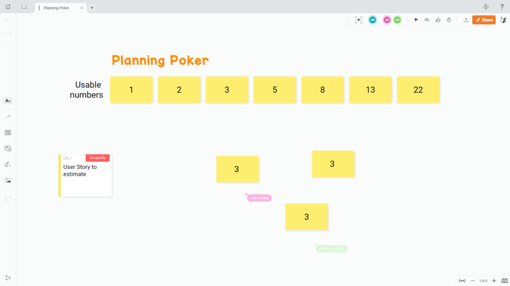Draft.io - Planning Poker - End of round 1 with perfect consensus